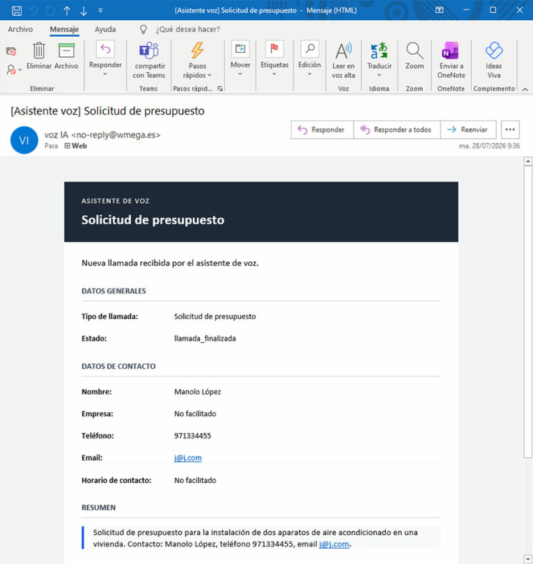 email resumen llamada atendida recepcionista IA