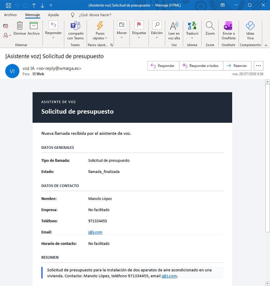 email resumen llamada atendida recepcionista IA